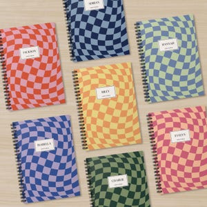 Checker Wave Spiral Notebook Custom Name Retro Aesthetic Workbook Personalized Text Twisted Checkerboard Lined Notebook Trendy Gift Idea
