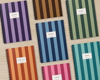 Carnet de notes classique à rayures personnalisé, nom personnalisé, cahier d'exercices à rayures monochromes vibrantes avec page lignée, cahier à spirales minimaliste, cadeau pour lui, elle