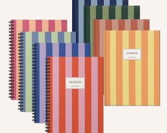 Journal minimaliste à rayures, carnet à spirales avec nom personnalisé, agenda mignon à rayures vives, cadeau de papeterie classique pour hommes et femmes