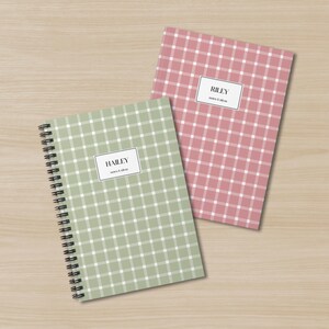Pastel Square Gingham Workbook Custom Name Preppy Picnic Aesthetic Spiral Notebook Personalized Text Thick Gingham Lined Hardcover Journal