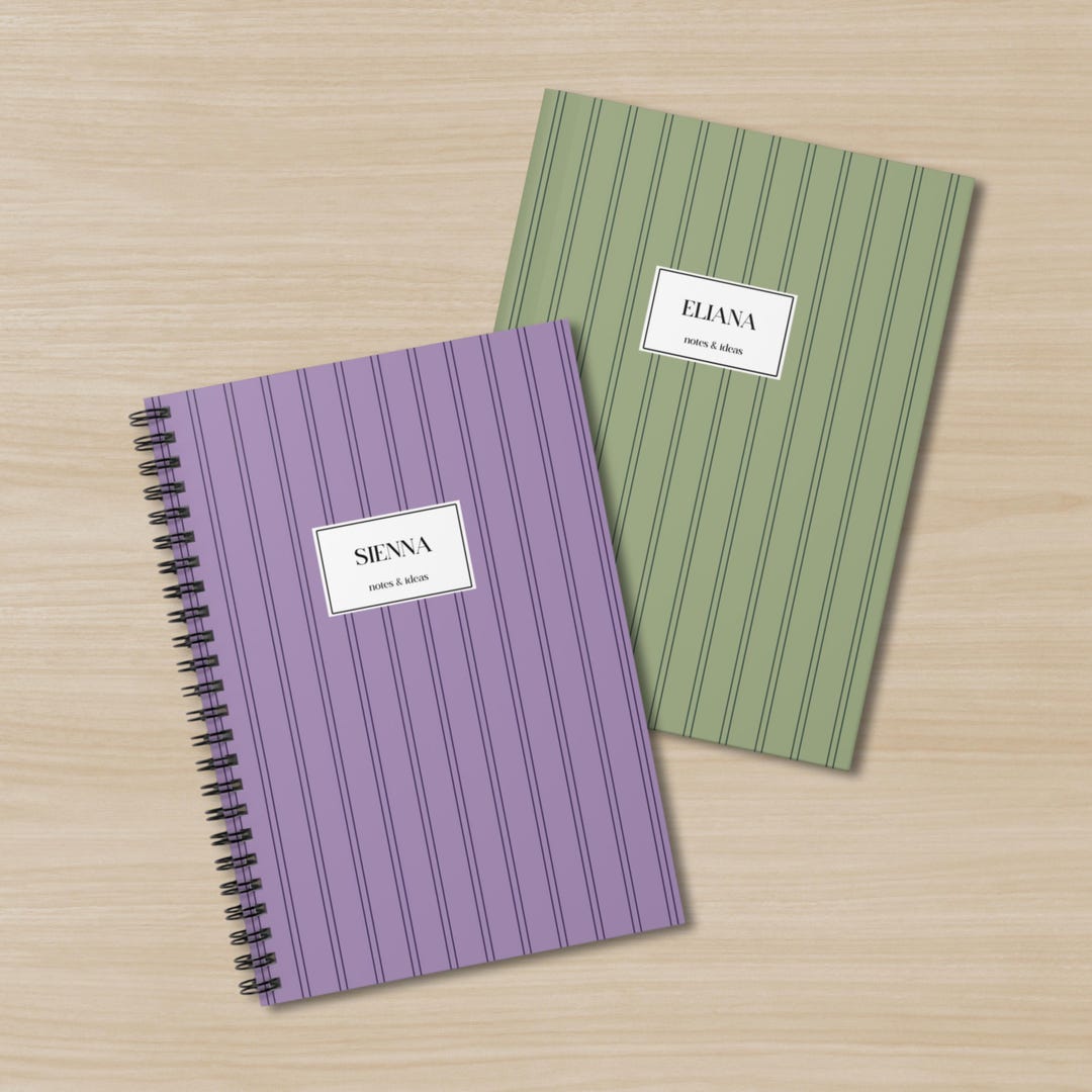Custom Text Pinstripe Spiral Notebook, Personalized Name Monochrome ...