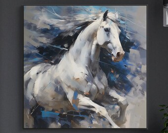 Handmade White Horse Abstract Original Texture Oil Painting on Canvas, Large Wall Art, Acrylic Custom Painting Modern Living Room Wall Decor