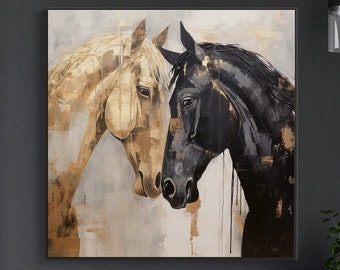 Chevaux or-noir abstrait texture originale peinture à l'huile sur toile, grande oeuvre d'art murale peinture acrylique personnalisée salon décoration murale moderne