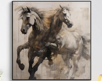 Chevaux noirs et blancs abstrait texture originale peinture à l'huile sur toile, grande oeuvre d'art murale, peinture acrylique personnalisée, décoration de salon moderne