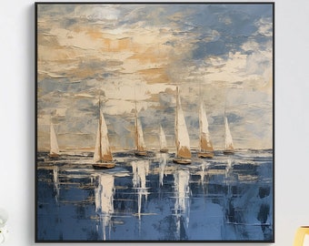 Large sailboat party oil painting, original sailboats gather in the harbor landscape to paint artwork, nautical oil painting art on canvas