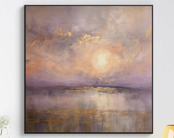 Coucher de soleil or abstrait texture originale peinture à l'huile sur toile, grande oeuvre d'art murale rose-violet, peinture acrylique personnalisée, décoration de salon moderne