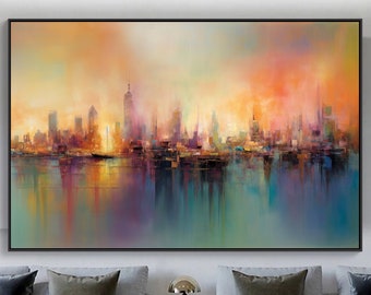 Colorful City Abstract Original Texture Oil Painting on Canvas, Ocean Large Wall Art, Acrylic Custom Painting, Modern Living Room Wall Decor