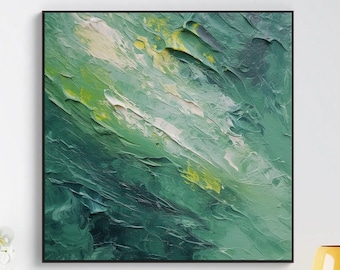 Green Shades, White Abstract Original Texture Oil Painting on Canvas, Large Wall Art, Acrylic Custom Painting, Modern Living Room Wall Decor