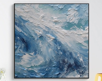 Vague blanche parfaite abstraite texture originale peinture à l'huile sur toile, grande oeuvre d'art murale bleue, peinture acrylique personnalisée, décoration de salon moderne