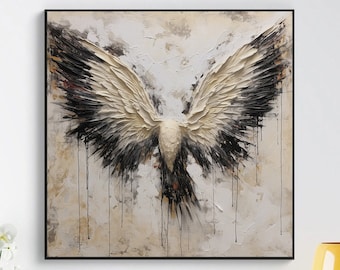 Eagle Wings Abstract Original Texture Oil Painting on Canvas, Gray Large Wall Art, Acrylic Custom Painting, Modern Living Room Wall Decor