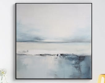 Arte de lienzo abstracto gris minimalista hecho a mano, arte moderno blanco enmarcado para el dormitorio, pintura cuadrada paisaje marino horizonte decoración de pared azul y gris