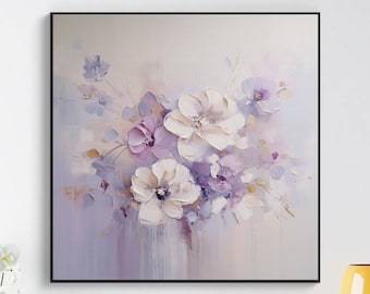 Flowers, 100% Handmade, Purple and White, Textured Painting, Nature, Acrylic Abstract Oil Painting, Wall Decor Living Room, Office Wall Art