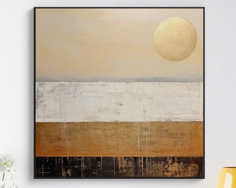 Sole e terra 100% dipinto a mano, pittura moderna strutturata con luna piena, pittura a olio astratta acrilica, decorazione della parete del soggiorno, arte della parete dell'ufficio