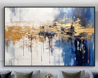 Golden Abstract Leaf Original Texture Oil Painting on Canvas, Blue-Gray Large Wall Art Acrylic Custom Painting Modern Living Room Wall Decor