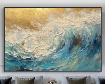 Pintura al óleo original de olas oceánicas sobre lienzo, arte de pared grande abstracto minimalista arte de playa decoración blanca pintura personalizada sala de estar decoración regalo