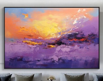 Sun Landscape Abstract Original Texture Oil Painting on Canvas, Purple Large Wall Art, Acrylic Custom Painting Modern Living Room Wall Decor