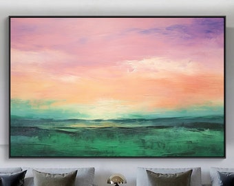 Purple sky landscape, grass, nature handmade, textured painting, abstract oil painting acrylic painting, wall decoration living room office