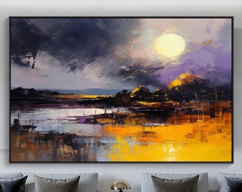 Full Moon Night Landscape Abstract Original Texture Oil Painting on Canvas, Large Wall Art, Acrylic Custom Painting Modern Living Room Decor