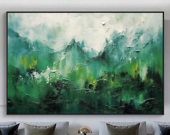 Green Landscape Abstract Original Texture Oil Painting on Canvas, Sky Large Wall Art, Acrylic Custom Painting, Modern Living Room Wall Decor