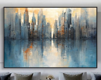 Pintura al óleo original del paisaje de la ciudad del atardecer sobre lienzo, pintura abstracta colorida del paisaje urbano junto al mar, arte de la pared grande, decoración de la pared de la sala de estar