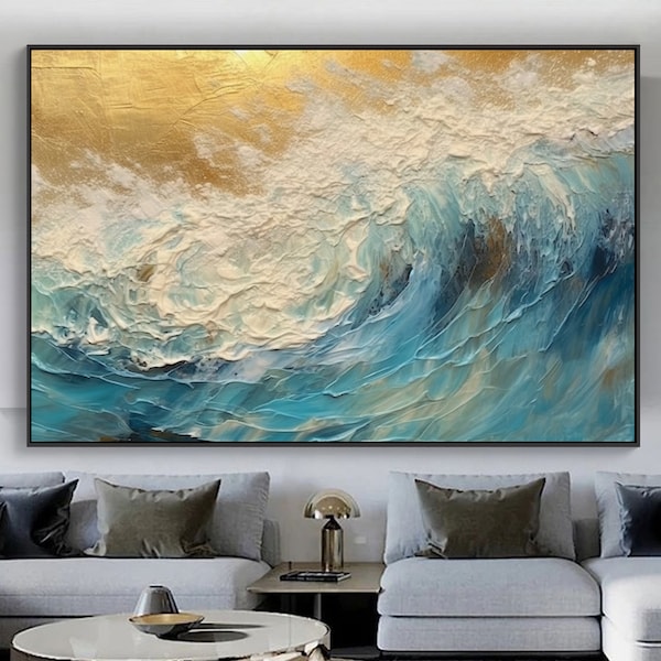 Original Ocean Wave Oil Painting on Canvas, Large Wall Art Abstract Minimalist Beach Art White Decor Custom Painting Living Room Decor Gift