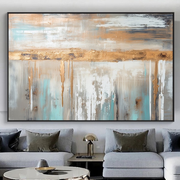 Golden Abstract Painting on Canvas Textured Wall Art Gold Foil Painting, Boho Wall Decor Bright Painting Large Modern Art PIanting for Hotel