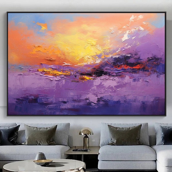 Sun Landscape Abstract Original Texture Oil Painting on Canvas, Purple Large Wall Art, Acrylic Custom Painting Modern Living Room Wall Decor