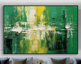 Green Abstract Original Texture Oil Painting on Canvas, White-Gray Large Wall Art, Acrylic Custom Painting, Modern Living Room Wall Decor