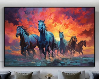 Running Horses Abstract Original Texture Oil Painting on Canvas, Animal Large Wall Art Acrylic Custom Painting Modern Living Room Wall Decor