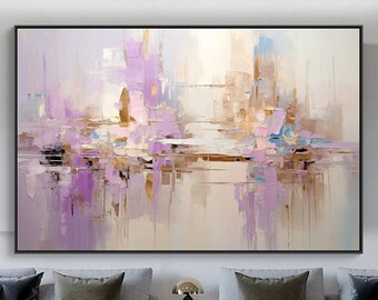 Beige-Brown Abstract Original Texture Oil Painting on Canvas, Pink-Gray Large Wall Art Acrylic Custom Painting Modern Living Room Wall Decor