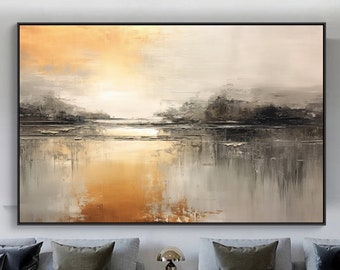Grey&Gold River Abstract Original Texture Oil Painting on Canvas, Seascape Large Wall Art, Acrylic Custom Painting, Modern Living Room Decor