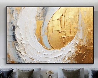 Gold-Gray Abstract Original Texture Oil Painting on Canvas, White Large Wall Art, Acrylic Custom Painting, Modern Living Room Wall Decor Art