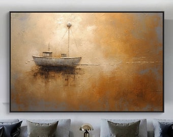 Bateau sur l'océan, texture originale abstraite, peinture à l'huile sur toile, grande oeuvre d'art murale, peinture acrylique personnalisée, décoration murale de salon moderne