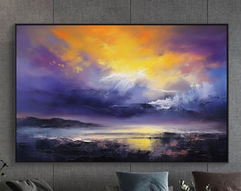 Purple & Yellow Sky Abstract Original Texture Oil Painting on Canvas, Large Wall Art, Acrylic Custom Painting, Modern Living Room Wall Decor