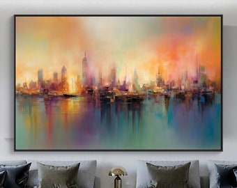 Colorful City Abstract Original Texture Oil Painting on Canvas, Ocean Large Wall Art, Acrylic Custom Painting, Modern Living Room Wall Decor