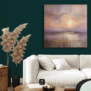 Coucher de soleil or abstrait texture originale peinture à l'huile sur toile, grande oeuvre d'art murale rose-violet, peinture acrylique personnalisée, décoration de salon moderne image 4