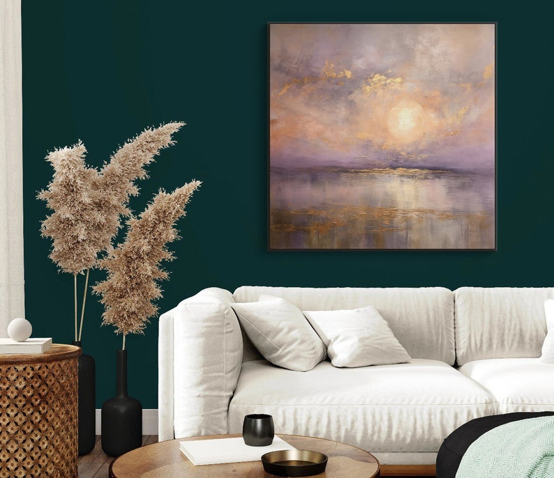 Coucher de soleil or abstrait texture originale peinture à l'huile sur toile, grande oeuvre d'art murale rose-violet, peinture acrylique personnalisée, décoration de salon moderne image 4