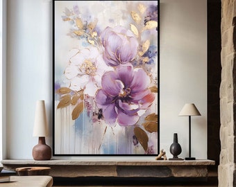 Grande fiore astratto dipinto ad olio su tela Wall Art, originale texture floreale parete arte lamina d'oro pittura moderna decorazione della parete soggiorno arte