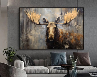 Deer Gold Leaf Abstract Original Texture Oil Painting on Canvas, Animal Large Wall Art Acrylic Custom Painting Modern Living Room Wall Decor