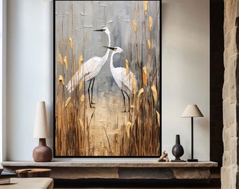 Héron oiseaux Nature blanc abstrait texture originale peinture à l'huile sur toile, grande oeuvre d'art murale, peinture acrylique personnalisée, décoration de salon moderne