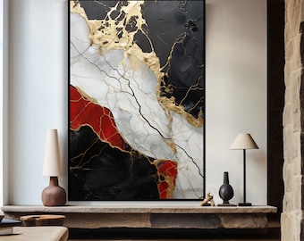 Original Abstract Art, 100% Handmade, Black White Red Gold Leafing, Acrylic Abstract Oil Painting, Wall Decor Living Room, Office Wall Art