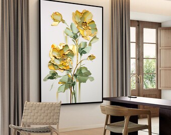 Flowers, Yellow, Green 100% Handmade, Textured Painting, Abstract Oil Painting, Acrylic Painting, Wall Decor Living Room, Office Wall Art