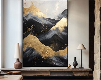 Gold-Black Mountain Abstract Original Texture Oil Painting on Canvas, Large Wall Art, Acrylic Custom Painting, Modern Living Room Wall Decor