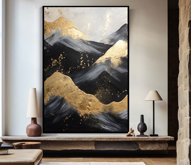 Gold-Black Mountain Abstract Original Texture Oil Painting on Canvas, Large Wall Art, Acrylic Custom Painting, Modern Living Room Wall Decor