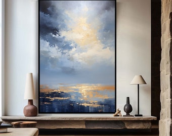 Grande peinture à l'huile sur toile 100 % originale, grand océan bleu, art mural paysage marin acrylique, plage moderne à vivre, coucher de soleil plaqué or, art mural déco