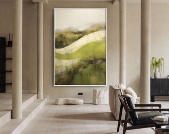 Paysage vert fait main, texture originale, peinture à l'huile sur toile, grande oeuvre d'art murale, peinture acrylique personnalisée, décoration de salon moderne