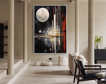 Full Moon Abstract Original Texture Oil Painting on Canvas, Galaxy Large Wall Art, Landscape Custom Painting, Modern Living Room Wall Decor