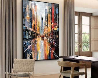 City Landscape Abstract Original Texture Oil Painting on Canvas, Red-Yellow Large Wall Art, Acrylic Custom Painting Modern Living Room Decor