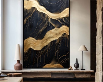 Oro originale, nero 100% dipinto a mano, pittura strutturata, pittura a olio astratta acrilica, decorazione della parete dorata soggiorno, arte della parete dell'ufficio