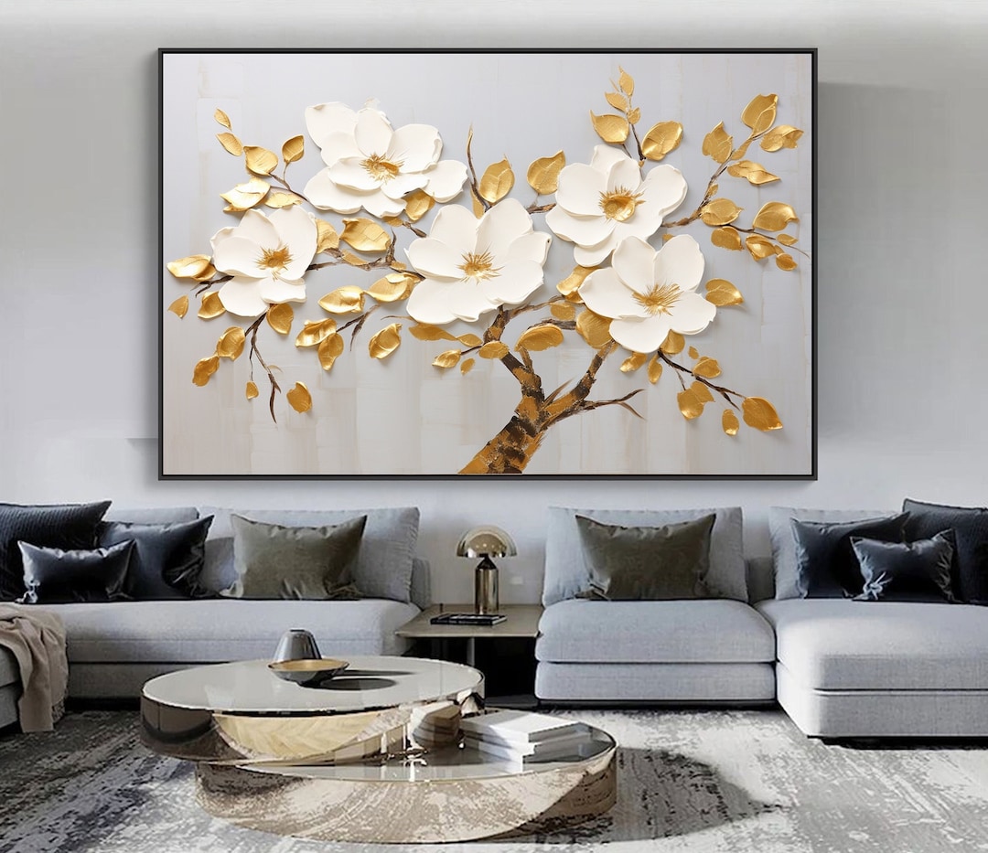Large Original Gold Flower Oil Painting on Canvas, Canvas Wall Art ...